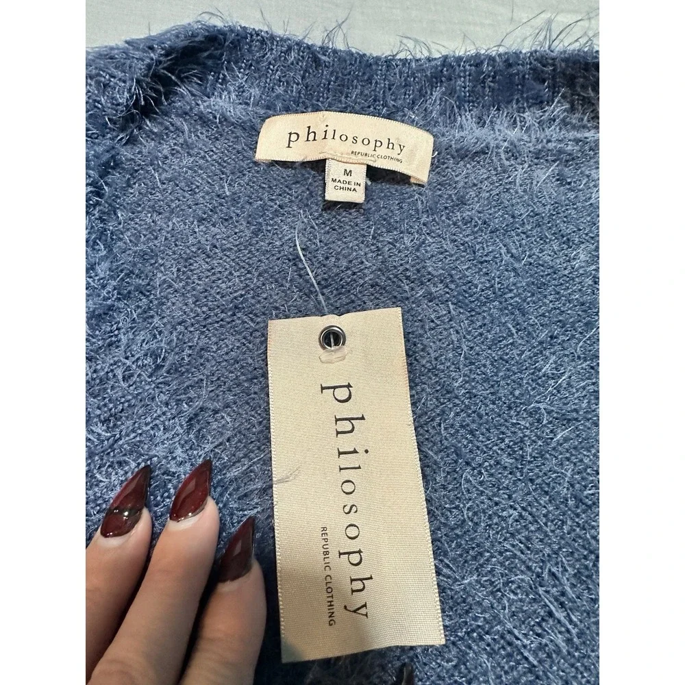 NWT PHILOSOPHY Blue Sweater Womens M Soft Fuzzy V Neck Casual Oversized Coastal‎